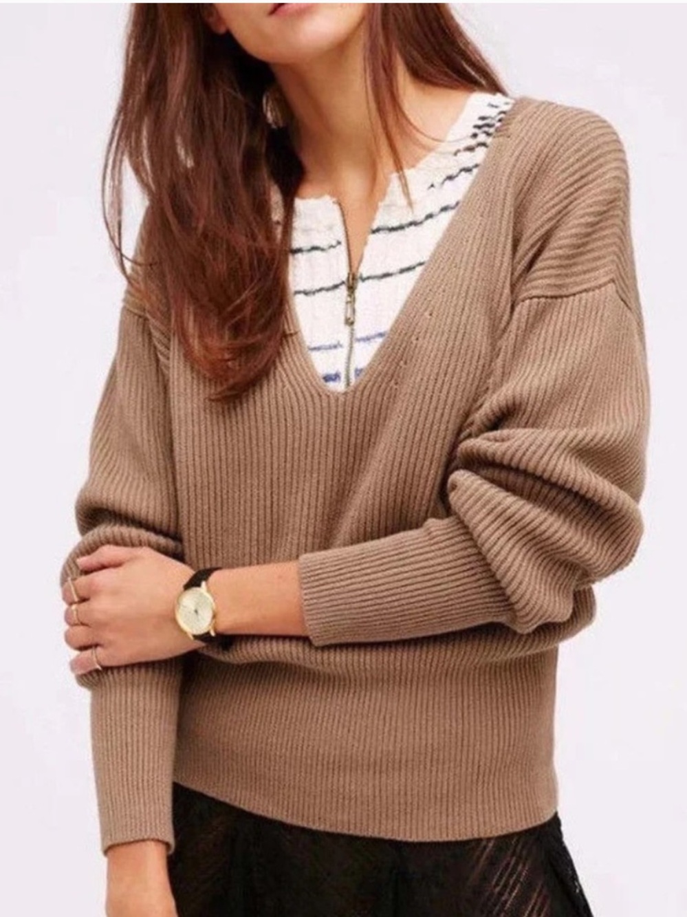 Free People ALLURE COTTON V-Neck Ribbed Pullover in Camel